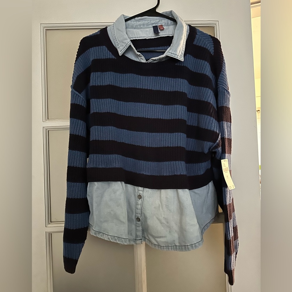 Pilcro Blue and Black Striped Sweater
